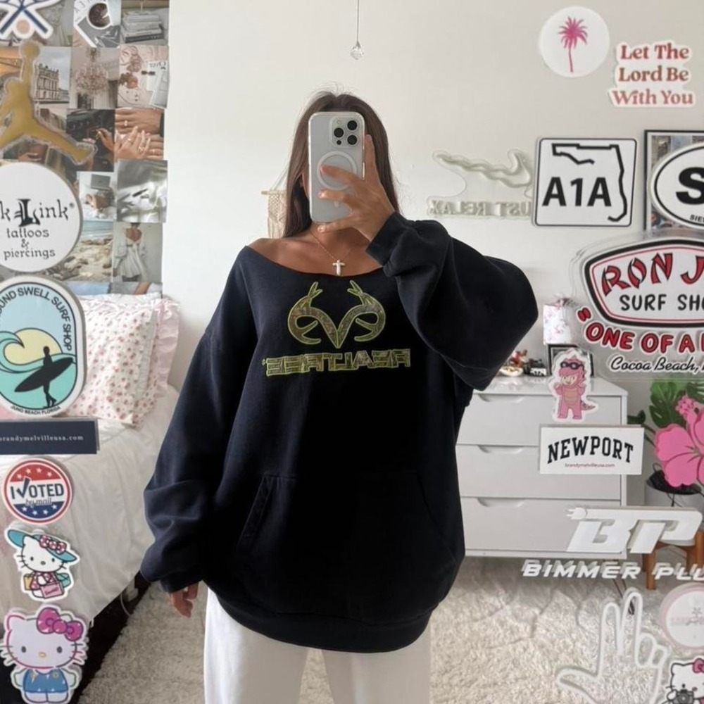 navy blue and camo real tree off the shoulder Crewneck sweatshirt